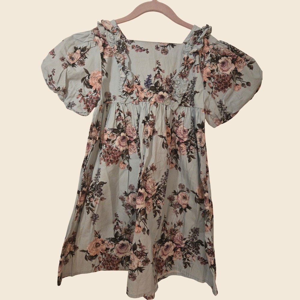 Next Girls Floral Ruffle Puff Sleeve Cotton Dress Blue Pink Rose Print Size 6-7Y